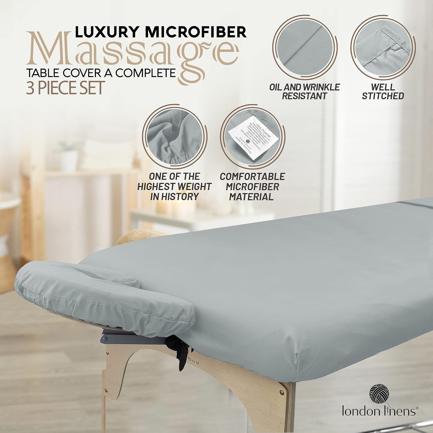 Soft Microfiber Massage Table Sheets Set 3 Piece Set - Includes Massage Table Cover, Massage Fitted Sheet, and Massage Face Rest Cover (Stone)