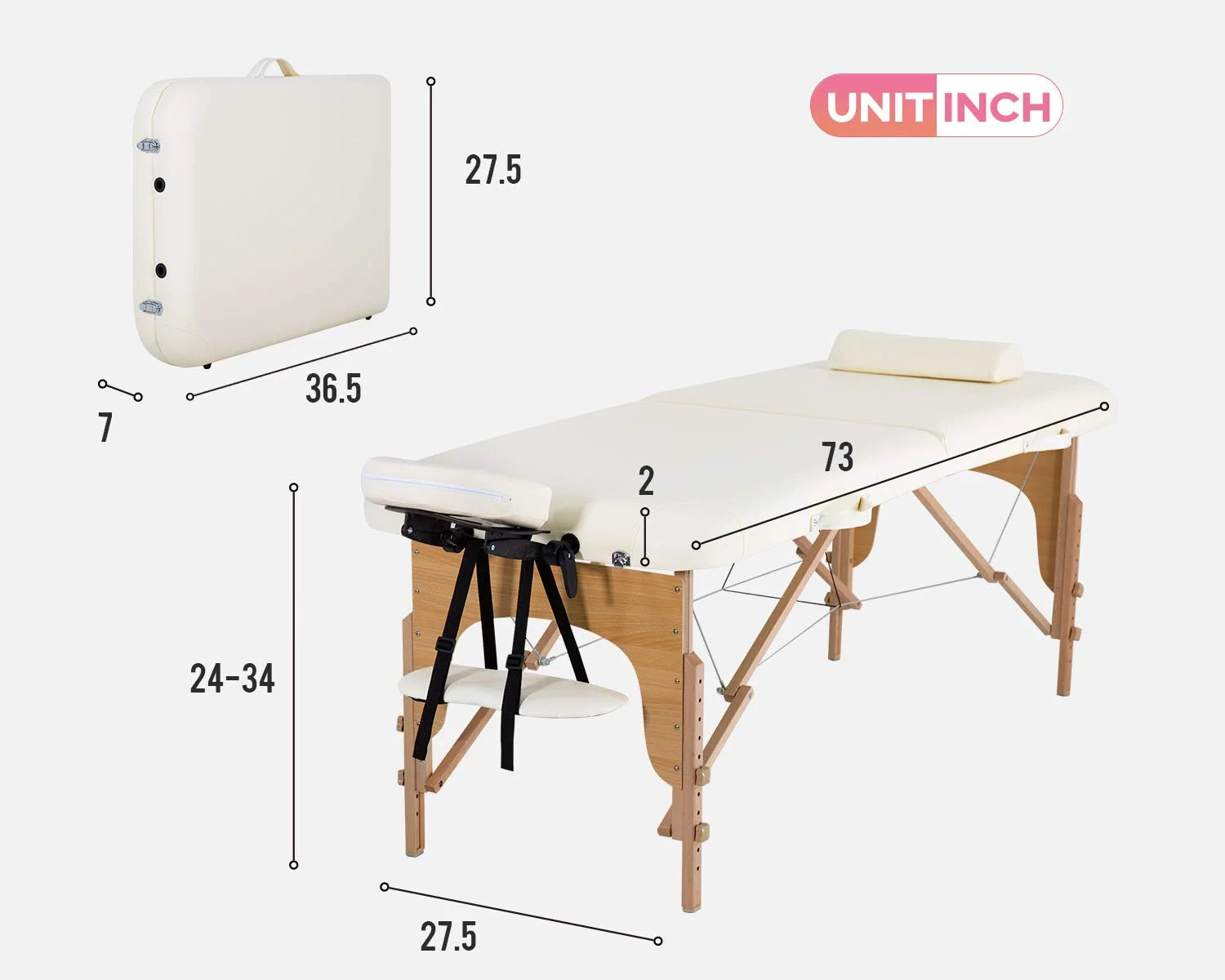 Massage Table Massage Bed Spa Bed 84 Inch Height Adjustable 2 Fold Massage Table W/ Bolsters Carry Case Portable Salon Bed,Cream