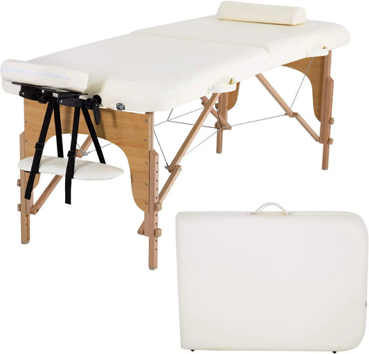 Massage Table Massage Bed Spa Bed 84 Inch Height Adjustable 2 Fold Massage Table W/ Bolsters Carry Case Portable Salon Bed,Cream